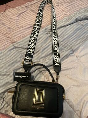 Karl Lagerfeld Black Crossbody Camera Bag with Branded Strap and Gold Hardware
